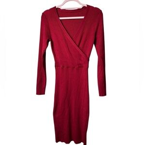 Red Ribbed‎ Knit Wrap Bodycon Dress - Size M